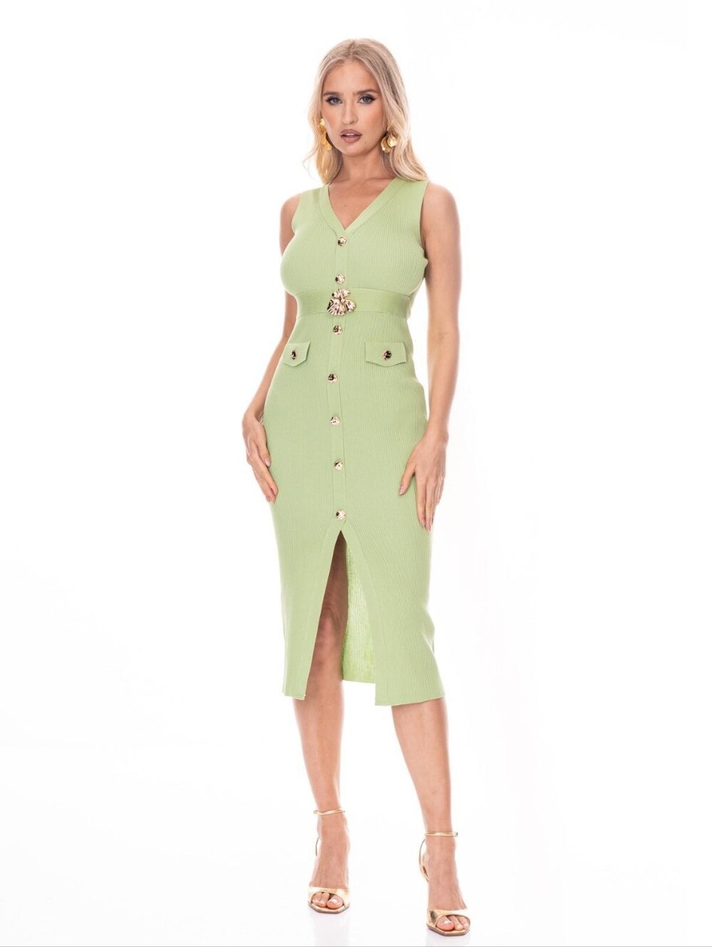 Sleeveless V-Neck Knit Midi Dress in Light Green
